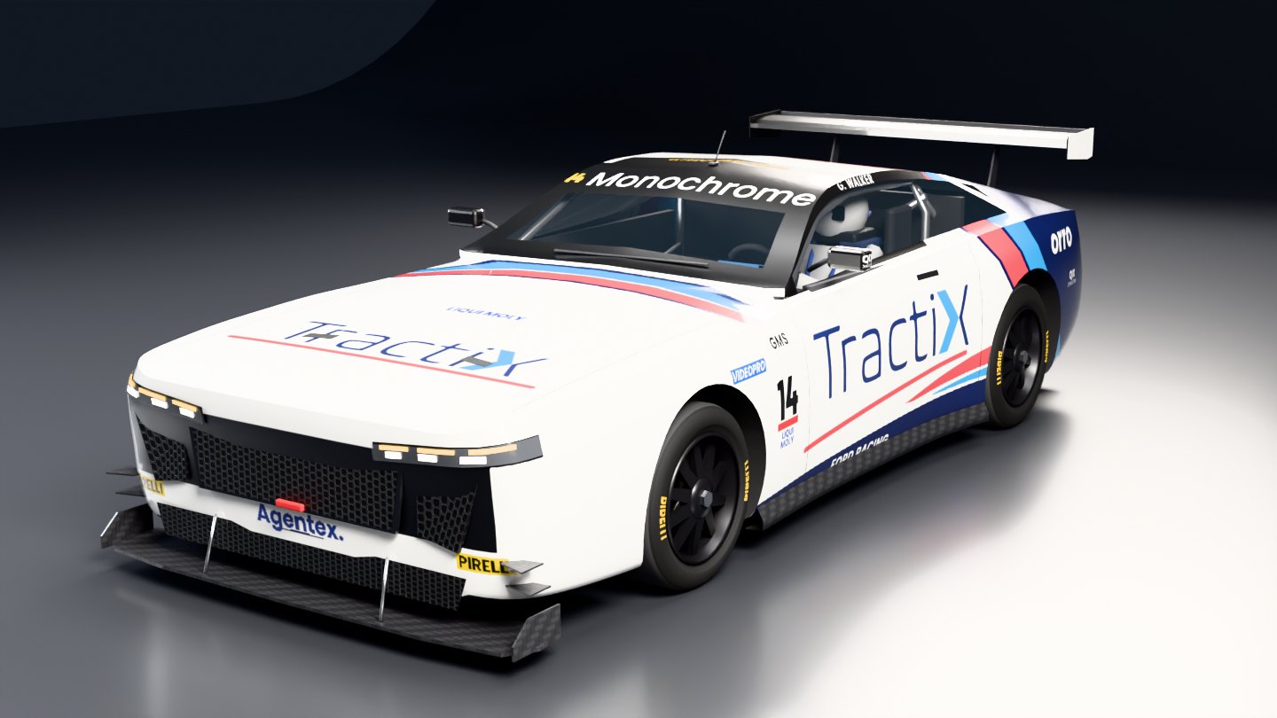 Front three-quarter render of the #14 Mustang GT4 in the Tractix livery