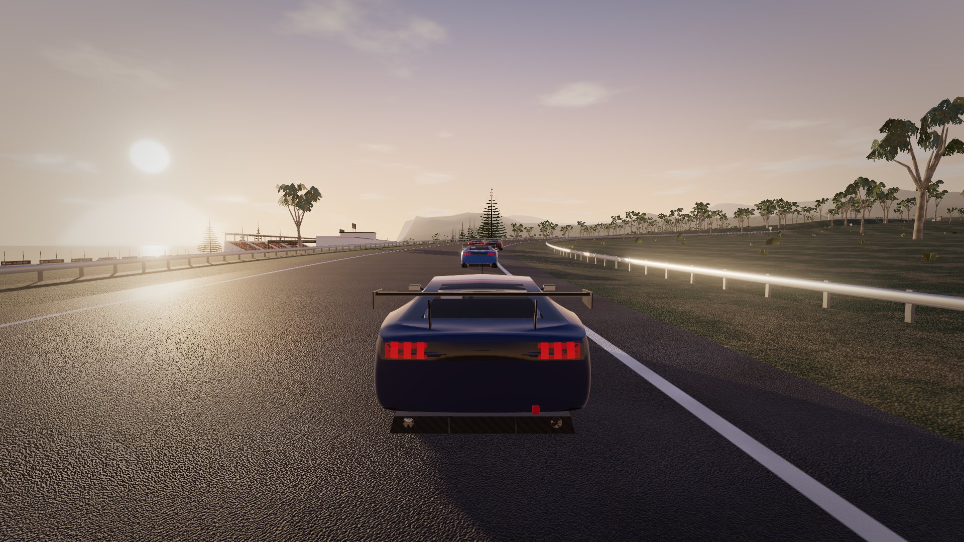 The #14 Mustang GT4 chasing rivals along the coastal circuit at golden hour